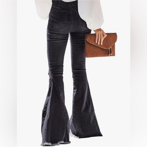 Button Free Elastic Waist Distressed Flared Long Bell Bottom Denim Jeans - Picture 5 of 8